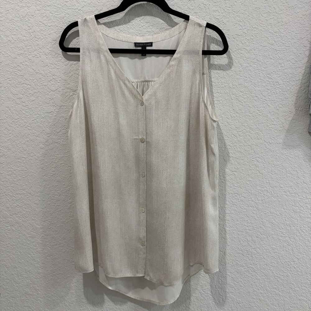 Eileen Fisher Silk Blend Sleeveless Blouse Beige Button Front Large